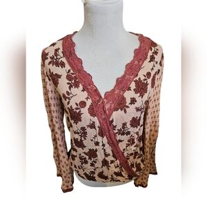 Floral Lace Trim Blouse - Red and Cream